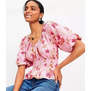 LOFT Womens Plus XXL Floral Pink Lily Gathered Waist V Neck Blouse Shirt Top